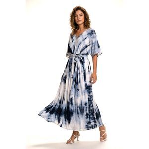 STANIB V-Neck Maxi Dress Boho Kaftan Style Blue & White Tie Dye M Flowy NWT